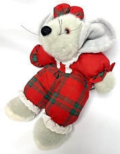 VTG Commonwealth Plush Mouse Christmas Gray Red Plaid Outfit 12” Bow Stuffed picture