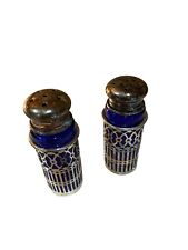 Vintage Cobalt Blue with Silver Overlay Salt And Pepper Shakers  Filigree picture