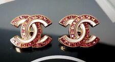 2 Chanel Stamped White Gold Red Rhinestone CC Buttons 18 mm × 22 mm Lot of 2 picture
