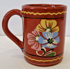 VINTAGE Folk Art Redware Hand Painted Floral Coffee Tea Mug Cup, Made in Hungary picture