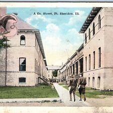 c1910s Fort Sheridan, IL A Co. St Soldiers Street Army Barracks WWI Cancel A147 picture