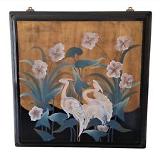 Hand Painted Great White Herons Chinese Hanging Wall Wood Panel Vintage 40 x 40