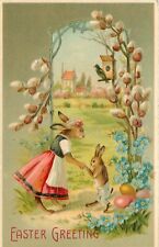 Embossed Easter Postcard BW 305; Dressed Rabbit Mom & Kit in Country Garden picture