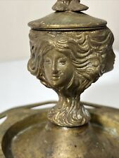 Antique Original Victorian Brass Desktop Ink Well Lady Face Head Ornate picture