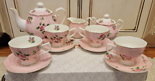 BREW TO A TEA Tea 11 Piece Set PINK FLORAL ROSES NEW IN OPEN BOX picture