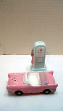 VTG Ceramic Knobler Gas Pump & Pink Convertible Car Salt & Pepper Shakers Set picture