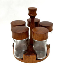 Vintage Digsmed Denmark Teak Wood & Glass 5 Jar Spice Table Rack picture