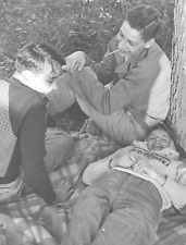 6C Photograph Young Men Woman Blanket Picnic 1940-50's Friends Pals picture