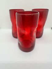 3 Vintage Red Blenko Hand Blown Pinch Crackle Glass Drinking Glasses 6in picture