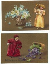  Child with Basket Of Flowers Lot of 2 Old Embossed Postcards picture