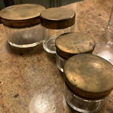 3 Antique Vanity Jars Powder Cream One Engraved  Art Deco VINTAGE Heavy Thick picture