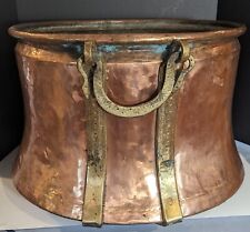 Huge Antique Copper Cauldron with Brass Bands and Snake Handles picture