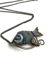 Antique CHINESE EXPORT Articulated FISH PENDANT Vintage STERLING SILVER Enameled picture
