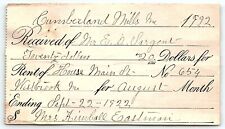 1922 WESTBROOK MAINE CUMBERLAND MILLS INC HOUSE MRS EASTMAN RENT RECEIPT Z1173 picture
