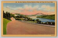 New Highway View Cape Cod Canal Sagamore Bridge MA Vtg Linen Postcard 1930s 152 picture