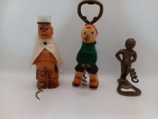 ANTIQUE Lot Of 3 NAUGHTY BOY CORKSCREW AND BOTTLE  OPENER, Brass And Wood.  picture