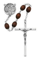 Brown Wood Bead Christ Rosary Sterling Silver Center And INRI Crucifix 8mm Beads picture