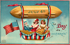 Ellen Clapsaddle Uncle Sam Blimp Airship 4th Of July Patriotic Postcard picture
