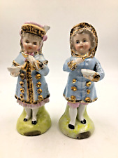 PAIR ANTIQUE VICTORIAN BOY AND GIRL IN BLUE FIGURINES w BOWLS & GOLD SPOONS picture