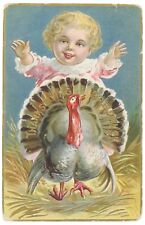 Vintage Thanksgiving Greetings Postcard Small Child & Turkey Texture picture