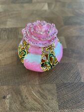 Pink Rose Hand Painted Bejeweled Round Hinged Trinket Jewelry Box picture