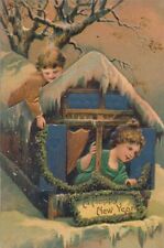 NEW YEAR - Child Looking Out of Window and Child On Roof PFB Postcard picture