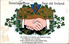 VINTAGE POSTCARD GREETINGS FROM DEAR OLD IRELAND CLOVERS HANDSHAKE UK TO US 1910 picture