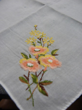 Vintage Yellow and Peach Floral Hand Embroidered Handkerchief Linen  picture