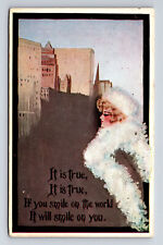 1910 Artist COBB SHINN Pretty Lady White Boa Smile on World Cityscape Postcard picture