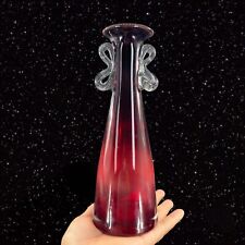 Vintage Art Glass Vase Red Black Gradient Clear Handles Glass Vase 9.5”Tall 2.5” picture