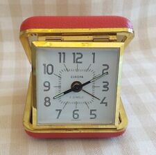 Vtg. EUROPA Wind Up/Travel/Alarm CLOCK 2 Jewels Red Clam Shell WORKS picture