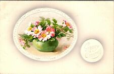 Vintage 1910's Pink Flowers in Vase Embossed Merry Christmas Postcard picture