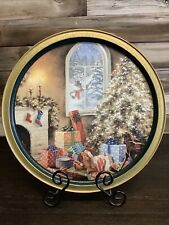 CHRISTMAS EVE COOKIE TIN FIREPLACE SNOWMAN WINTER NIGHT CHRISTMAS TREE PRESENTS picture