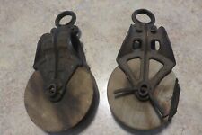 2- Antique Cast Iron & Wood Ornate Barn Pulley Primitive Industrial Decorative picture
