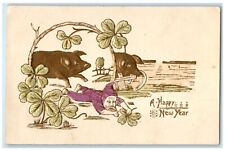 c1905 Happy New Year Elf Gnome Fantasy Pig Clover Horseshoe Embossed Postcard picture