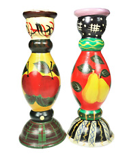 2 Taper Candle Stick Holders Painted Ceramic Fruit Modern 10” Pear Apple Plaid picture