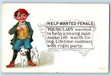 Boy And Dog Postcard Help Wanted Female Young Lady To Help Young Man c1910's picture