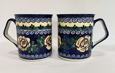 2 Polish Pottery Mugs Floral Coffee Flower Cups Handmade Poland Straight picture