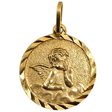 18k Solid Yellow Gold Angel Raphael Medal Pendant Cherub Religious Angelot 15mm picture
