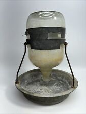 Vintage Rare Chicken Feeder, Glass Bottle Galvanized Metal Pan picture