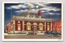c1940s~Greenwood South Carolina SC~Post Office~Cars~Full Moonlight~Vtg Postcard picture