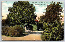 A901 Shelter Holmes Square Entrance Trees Building Kansas City Vintage Postcard picture