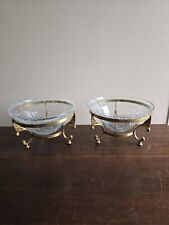 VTG Set Of 2 Art Deco Clear Crackled Glass Candle Bowls W/Brass Stand Holders  picture