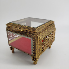 Vintage Ormolu Filigree & Glass Square Casket Trinket Box 4.5