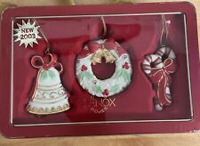 2003 LENOX 3-piece Ornament Christmas Set - Wreath Bell Candy Cane - Tin Box Set picture