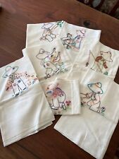 Pristine Vintage Set of 7 Hand Embroidered Little Farmer Boy Feedsack Tea Towels picture