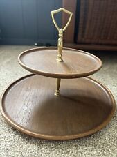 Vintage Midcentury Modern 2-Tier Serving Tray Brass Faux Wood Tidbit Tray picture