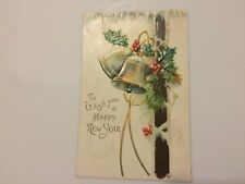Antique 1909 Happy New Year Postcard Bells, Holly, & Ice EMBOSSED Germany picture