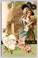 Valentine~Regency Lady In Black Hat~Lace~Pink Roses Bouquet~Emboss~1908 Winsch picture