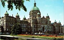 Parliament Buildings Victoria British Columbia Old Cars Flower Garden Postcard picture